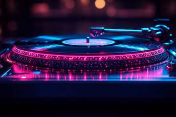 Poster - futuristic design featuring a retro turntable with neon pink and blue lighting, set against a black 