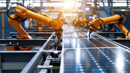 Poster - Solar Panel Production Line with Robot Arms at Modern Bright Factory. 