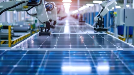 Poster - Solar Panel Production Line with Robot Arms at Modern Bright Factory. 