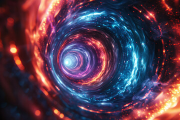 Poster - Abstract representation of a swirling vortex with intense neon blue and red light beams,