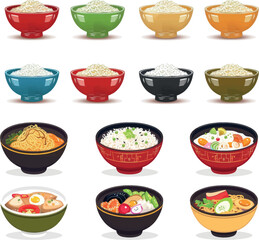 Poster - Bowls of porridge cereal and corn flakes with milk or juice. Nutritional breakfast food for kids and adults. Fruits grains berries and nuts in a modern neoteric set.