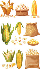 Poster - Cartoon corn. Corn, nut kernels, and grains in textile bag. Farm harvest elements, seasonal plants. Neoteric elements based on the modern grains crop.
