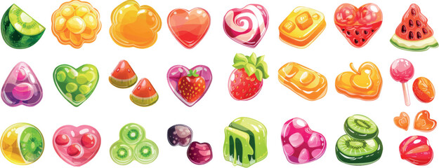 Poster - Jelly candy in cartoon shapes. Heart shaped watermelon slices, banana worms, neoteric modern set.