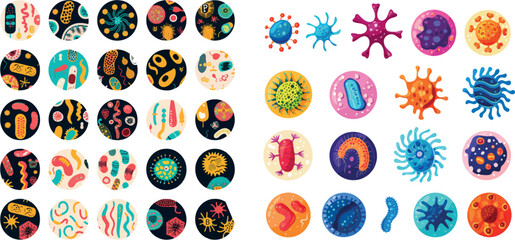 Poster - Infection neoteric modern set with numerous bacteria, microbes and viruses. Biology and microbiology research elements.
