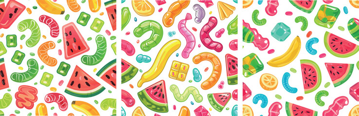 Aufkleber - Smooth seamless pattern. Color sweet candies, chewy gummies of various tastes. Fruit candy dessert. Graphic design for fabric, modern neoteric environment.