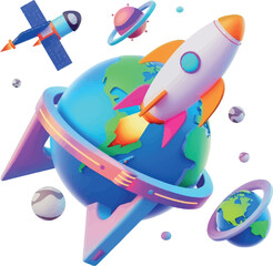 Poster - Embedding realistic modern elements into a space travel 3D concept. Spaceship, earth planet stars and clouds. Cosmos exploration.