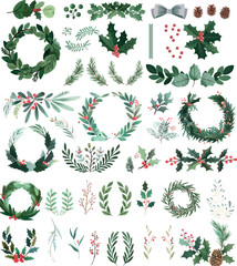 Poster - Christmas cartoon with pine branches, berries and mistletoe. Evergreen tree spruce pine cedar branch, forest neoteric modern set.