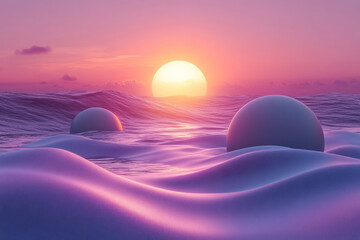 Poster - Clean and modern image of a sunrise over a digital, geometrically patterned purple landscape,