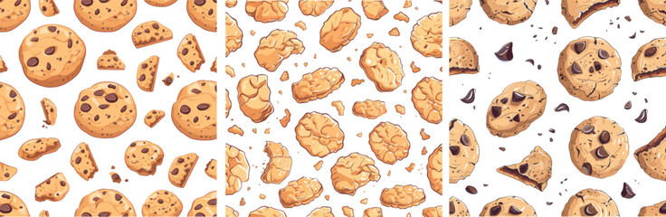 Poster - A seamless pattern of oatmeal cookies. A cookie with chocolate crumbs and broken bakery elements. A sweet dessert print with a neoteric modern background.