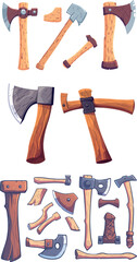 Poster - The set of an axe and tools from the woodworker or lumberjack. Wood cuts. Medieval weapons. Logo, label, emblem. Modern clipart.
