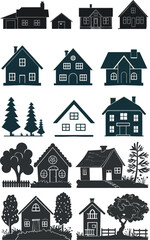 Aufkleber - A set of monochrome home icons in black and white with a simple geometric shape. A flat style house symbol for apps and websites.