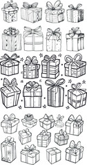 Poster - There are different shapes and sizes in this set of gift boxes with bows and ribbon. The outline style is hand drawn. It is suitable for holiday weddings, Christmas and birthday celebrations.