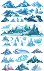 Poster - Snowy mountain slopes. Hill top icebergs. Outdoor landscape elements. Camping or hiking concept. Modern collection.