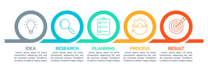 Wall Mural - 5 steps, option infographic with business icons. Process diagram, timeline info graphic design with circle elements. Modern layout, flow chart template. Vector illustration.