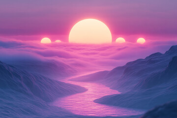 Poster - Whimsical scene of a digital sunrise with glowing orbs of light rising over an ethereal purple landscape,