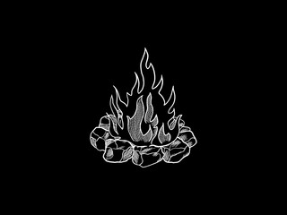 contour hand-drawn sticker sketch white illustration of a burning campfire with stones around. isola