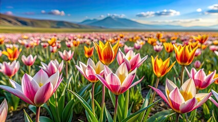 Wall Mural - Wild steppe tulips Tulipa Biflora blooming on a meadow, first spring flowers, sunny evening, wildflowers, spring, tulips