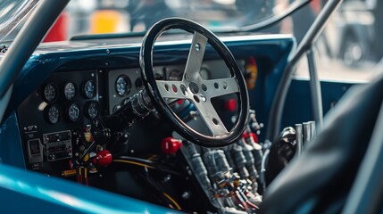 Aufkleber - The race car cockpit displays an array of gauges and controls, showcasing the intricate design and preparation for an upcoming race.