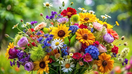 Poster - A vibrant bouquet of mixed wildflowers, showcasing a beautiful array of colors and textures, wildflowers, bouquet, mix, vibrant