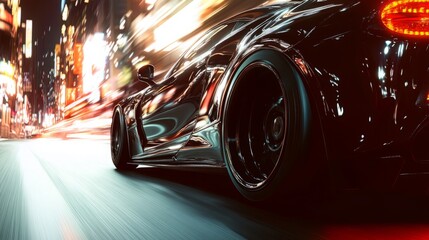 Poster - A sleek black sports car speeds down a vibrant city street at night, surrounded by colorful lights and motion blur.