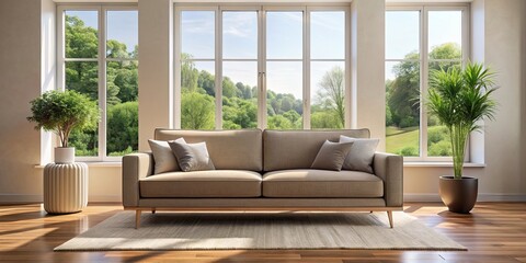 Poster - Comfortable couch in a well-lit living room with a large window, cozy, spacious, interior design, home decor