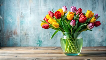 Sticker - Vibrant bouquet of tulips in a clear glass vase , flowers, tulips, colorful, vibrant, spring, bloom, petals, arrangement