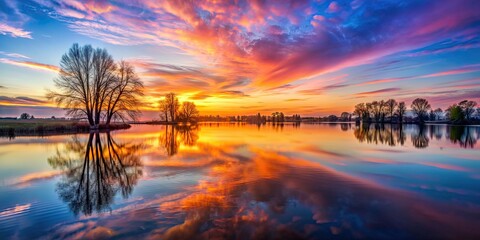 Sticker - Tranquil reflections of a serene lake with vibrant sunrise sky and tree silhouettes, serene, tranquil, reflections, lake