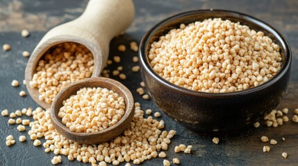 Wall Mural - Hearty quinoa in rustic bowls on wooden background