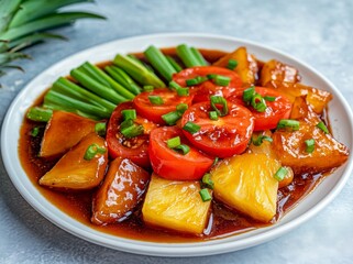 Sweet sauce, pineapple, tomato, and onion with fried pork close up