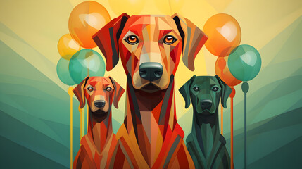 Poster - Three Dogs With Balloons Illustration