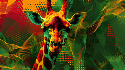 Sticker - Abstract Illustration of a Giraffe with Green and Yellow Waves