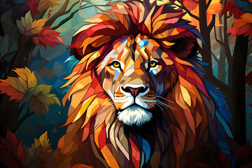 Canvas Print - Majestic Lion in Autumn Forest - Illustration