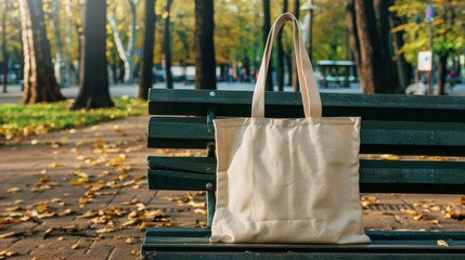 Blank canvas tote bag on park bench with autumn leaves.