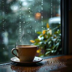 Canvas Print - Steaming Cup of Coffee on Rainy Day with Drops on Window