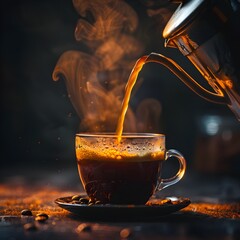 Poster - Freshly Brewed French Press Coffee Pouring Into a Mug With Rising Steam