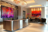 Fototapeta Uliczki - Boutique hotel lobby with glossy metal reception desk, contemporary artwork.