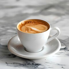 Wall Mural - Freshly Brewed Americano Coffee in a Simple White Ceramic Cup on a Marble Table