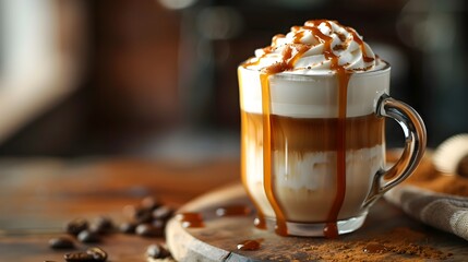 Wall Mural - Caramel Macchiato in a Glass Cup with Drizzle and Froth