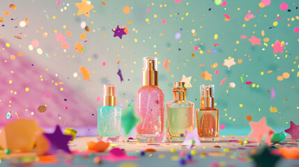 Wall Mural - Colorful perfume bottles amidst vibrant confetti create a festive and whimsical atmosphere.