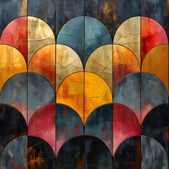 Fototapete - Abstract Pattern of Colorful Arches. A colorful abstract pattern featuring arches in various shades of blue, yellow, orange and red. The pattern is visually appealing and  dynamic.