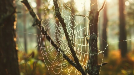 Macro photography in a forest, highlighting the intricate patterns of a spider web covered in morning dew 