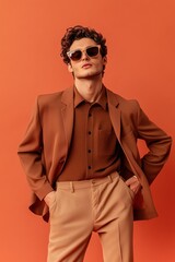 Confident man in brown formal attire, hands on hips