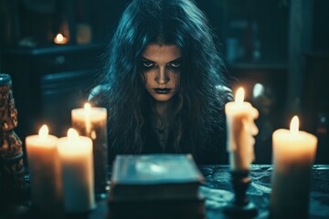 Scary Witch With Book and Candles