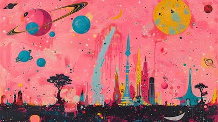 Sticker - Pink Space Cityscape Illustration