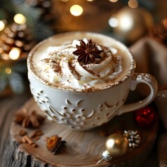 Canvas Print - Festive Cappuccino with Swirl of Creamy Whipped Topping in Holiday Themed Ceramic Mug