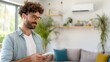© GoodandEvil - Curly-haired man using remote in cozy living room