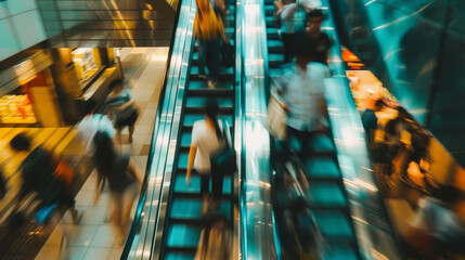 Wall Mural - A bustling shopping mall escalator scene with blurred figures showcasing dynamic modern city life and hurried pedestrian movement.