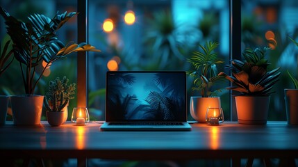 Poster - cozy evening workspace with laptop surrounded by green plants and warm candlelight