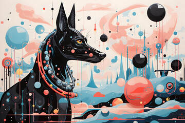 Poster - Black Dog with Geometric Abstract Background Illustration