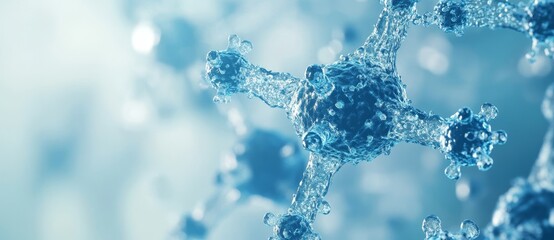 Poster - Molecules 3D illustration. Abstract crystalline cells and cellular structures. Transparent elements with a glossy finish. Fresh, technological, blue background.